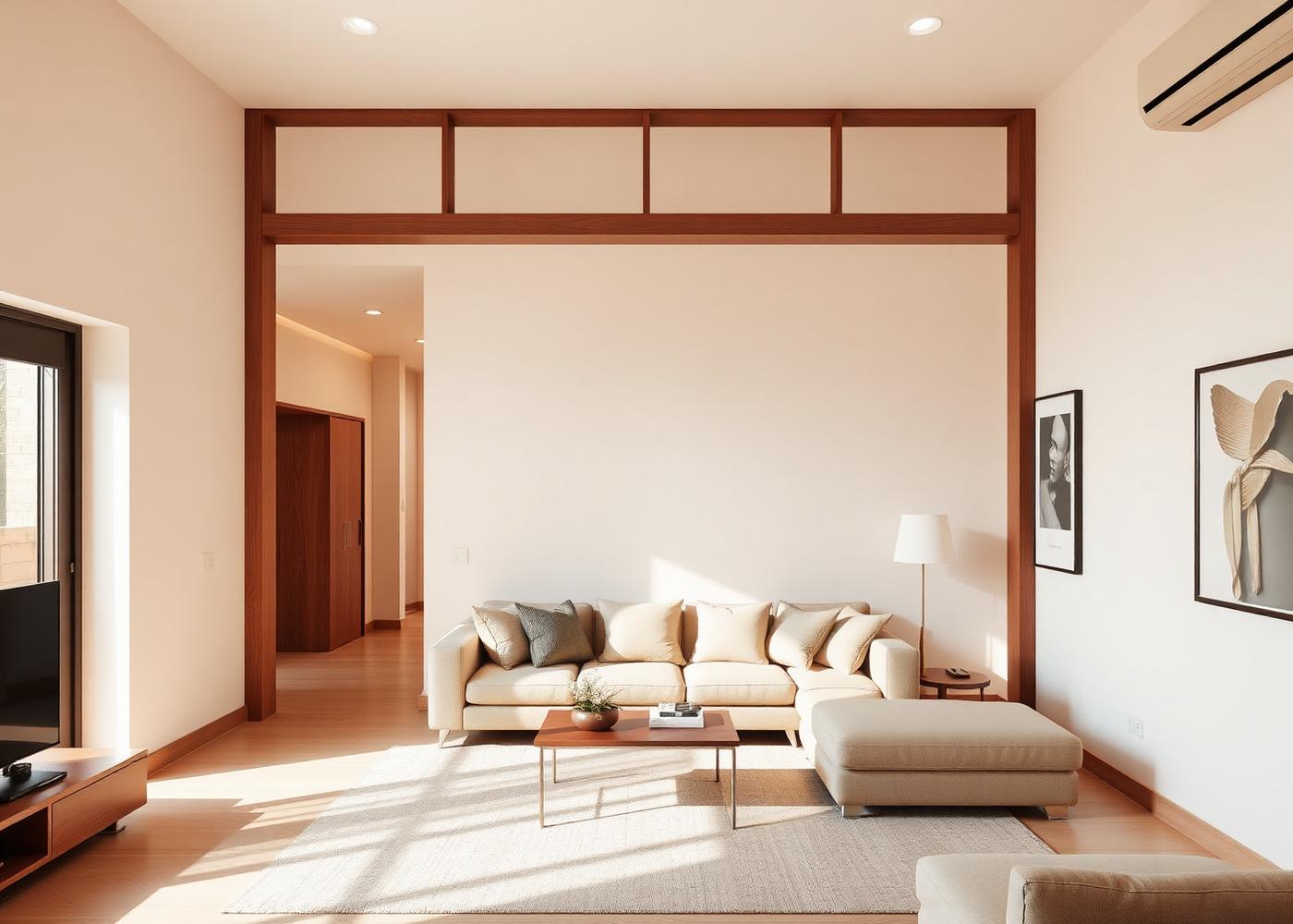Warm minimal living room interior with wooden joinery