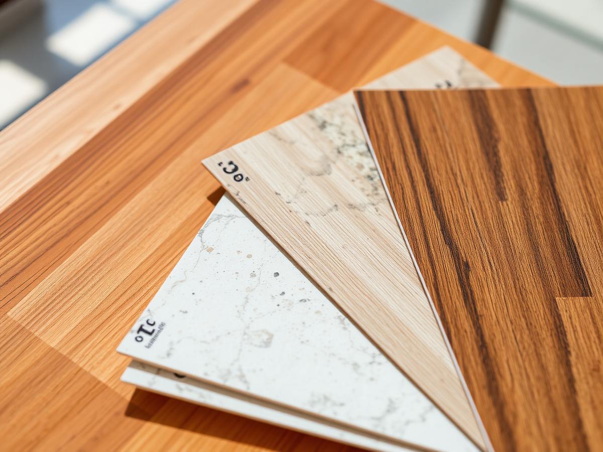 Laminate and veneer samples fanned out on a table